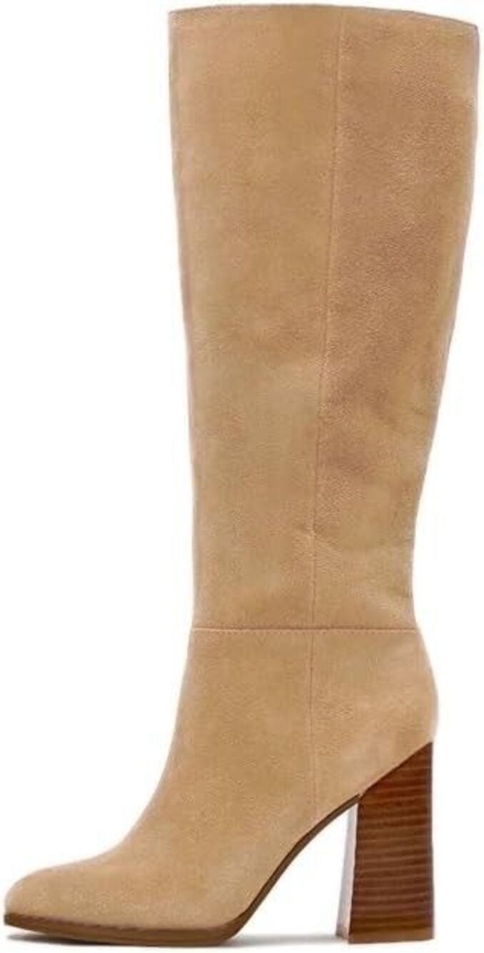 Knee High Boots Women Round Toe Chunky Block Heel Long Tan Boots Faux Suede Sz 8